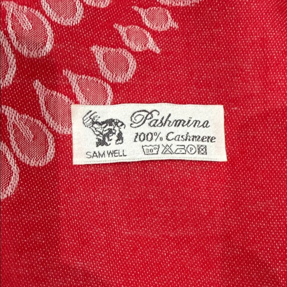 Sam Well Reversible Pashmina Scarf Red and White Patterned 100% Cashmere - Picture 1 of 9